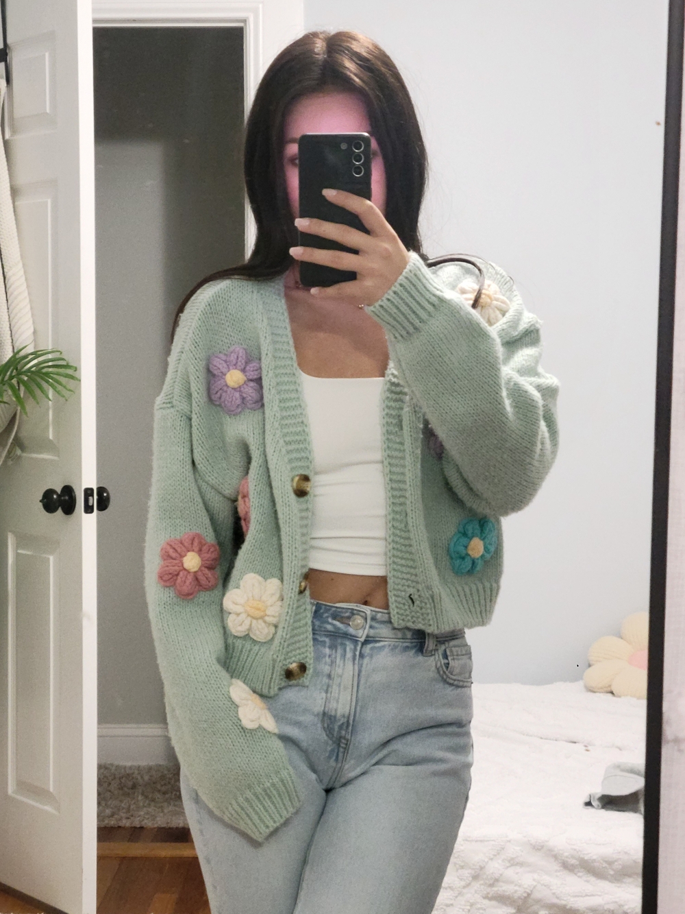 Mint Green Floral Appliqué Knit Cardigan Sweater